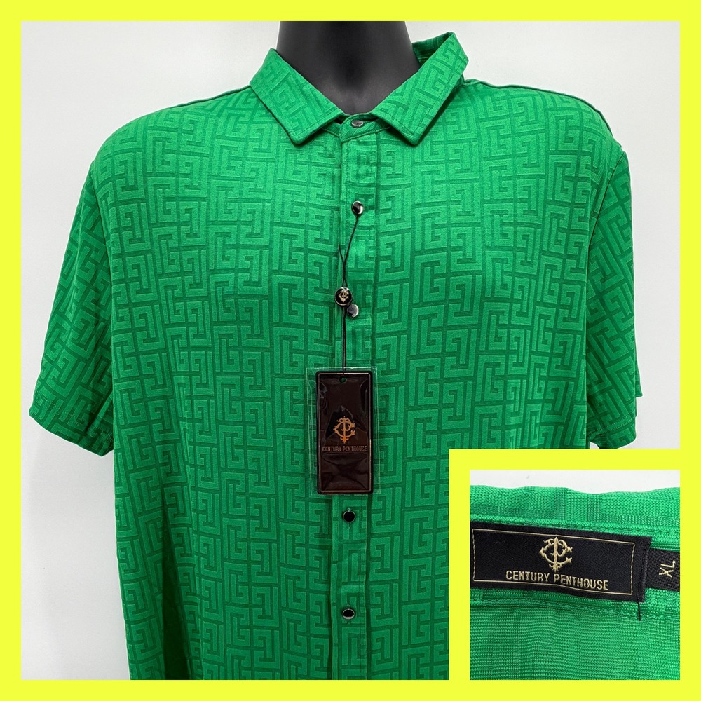 Century Penthouse Mens XL Shirt Green Grecian‎ Grace Knit Geometric NWT